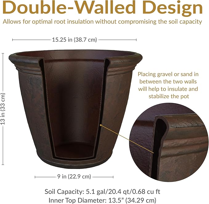 Sunnydaze 15.25-Inch Anjelica Large Plastic Pot for Plants - Double-Walled Outdoor Polyresin Round Planter with Drillable Drainage Holes - Rust - 2pk