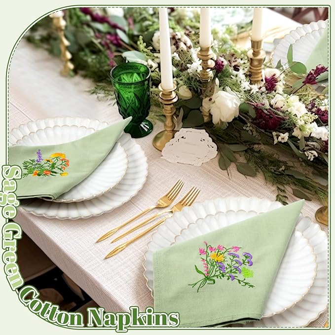 Tioncy 12 Pcs Christmas Floral Cloth Napkins Decorations Bulk Embroidered Wildflower Dinner Napkins Tea Cocktail Party Gifts Xmas Stocking Stuffers for Holiday Table Decor (Sage Green)