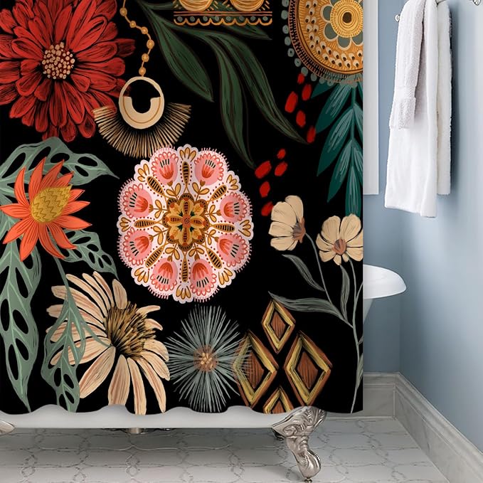 Black Boho Floral Shower Curtain Abstract Botanical Mid Century Modern Bathroom Decor Tropical Flower Shower Curtain with 12 Hooks,69x70 inches
