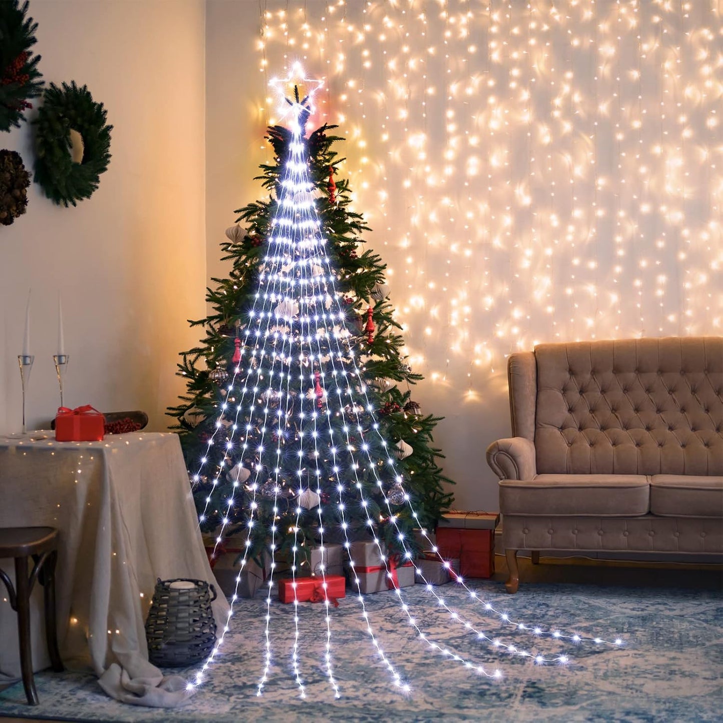 Skiennix Christmas Star String Lights - 344 LED Waterfall Tree Lights with Iron Topper | Pure White Indoor/Outdoor Decor