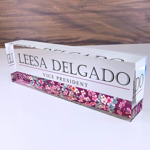 Artblox Personalized Desk Name Plate - Wild Flowers Design on Clear Acrylic Glass | Customizable for Teachers, PhD, Military