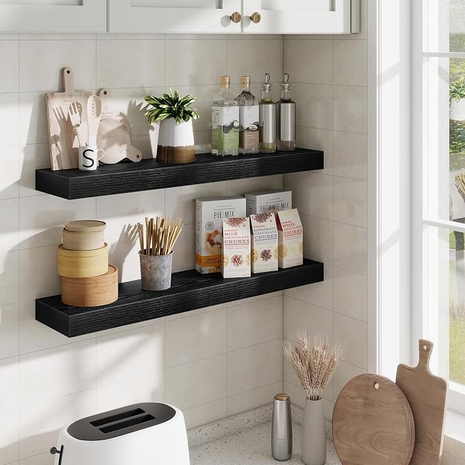 Fun Memories Floating Shelves 30 Inch, Wall Mounted Wood Shelf Set of 2, Farmhouse Decor for Bathroom, Bedroom, Kitchen, Living Room, Black