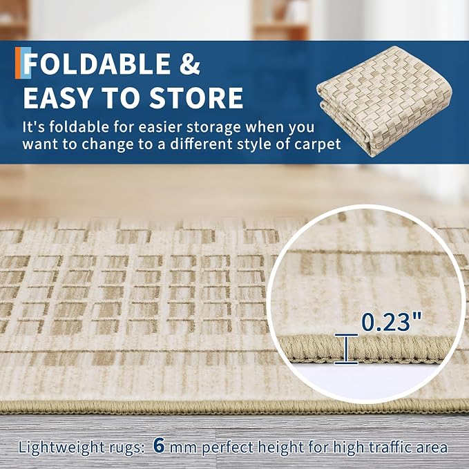 Washable Area Rugs 8x10 Rug for Living Room Modern Bedroom Rug Plaid Farmhouse Large Area Rug Non Slip Throw Rugs Soft Low Pile Stain Resistant Carpet for Dining Room 8'x10' Beige