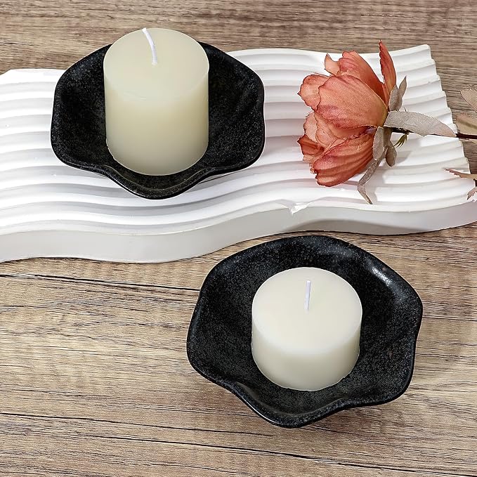 Koythin 2-Piece Ceramic Candle Holder, Aesthetics Candlestick Holders for Tea Lights, Lotus Leaf Shape Candle Stand for Mantle Table, Adorable Vintage Decor for Weddings Dining (Black)