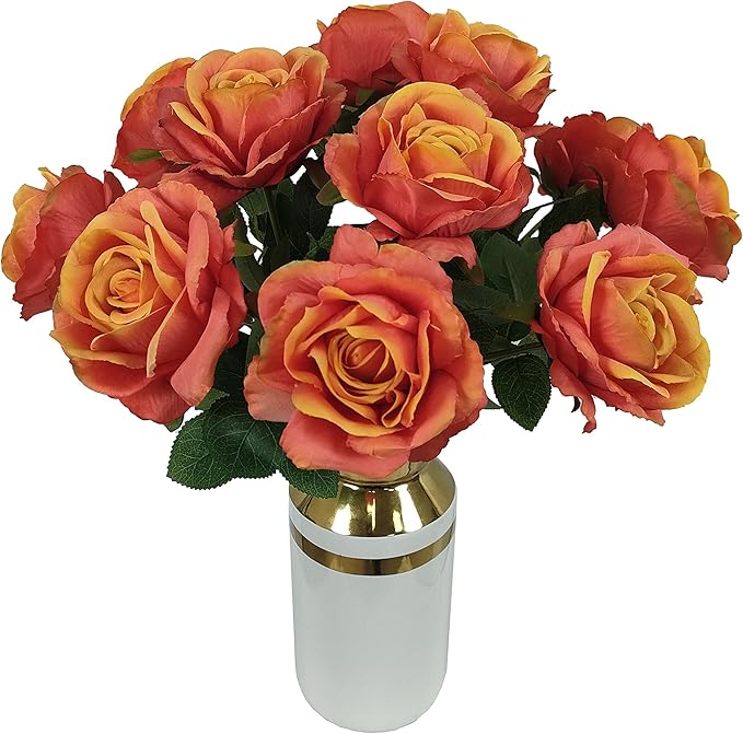 ATFL Fake Sunset Red Roses Artificial Flowers Bulk,Floral Diameter 4'',12 Pcs Artificial Silk Roses Flowers with Stems for Wedding Arrangement Centerpieces Party Home Table Decorations (Orange & red)