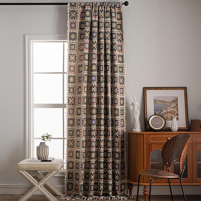 ENJOYBRIDAL Patchwork 63 Inch Curtains 2 Panel Set Semi Sheer Bedroom Drapes Rod Pocket Short Jacquard Bohemian Window Curtain Panels Farmhouse Light Filtering Beige Boho Living Room Window Treatments