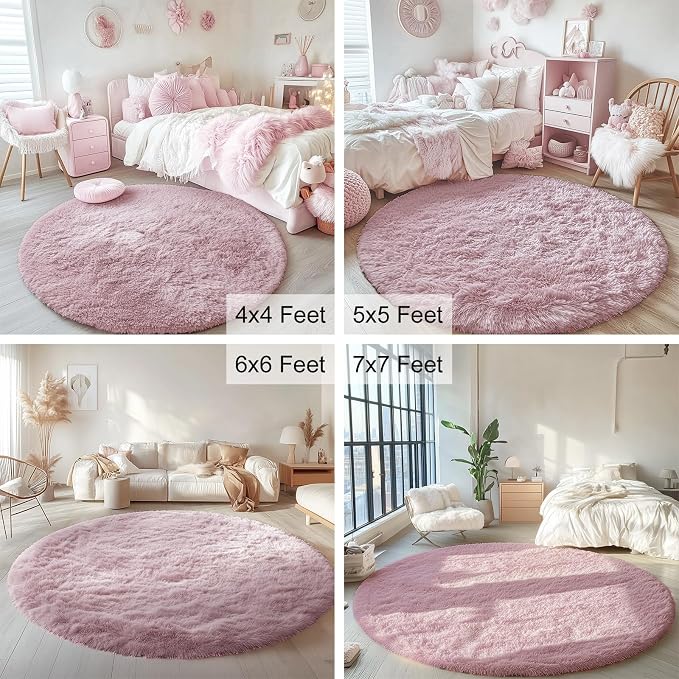 OLANLY Blush Round Rugs for Bedroom - Machine Washable, 4 ft Circle Area Rugs for Living Room, Soft and Fluffy Shaggy Carpet for Teen Girls and Boys, Nursery Rooms, Dorms, Home Decor Aesthetic