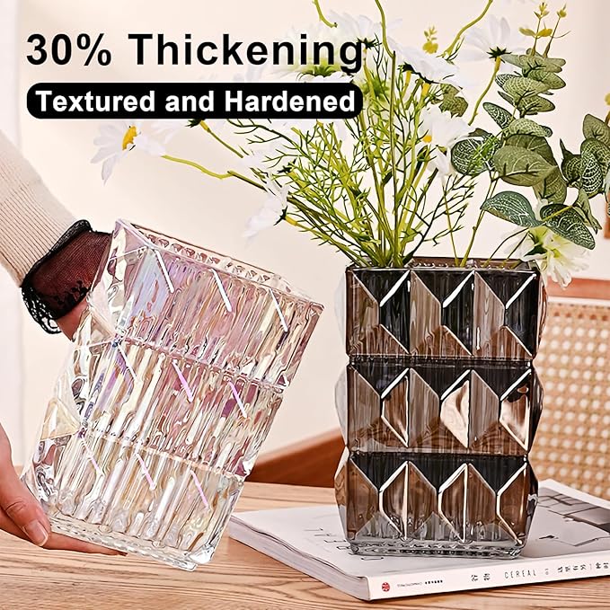 Glass Flower Vase, Clear Crystal Vases for Centerpieces, Heavy Handmade Modern Vases for Decor Home Bedroom Kitchen Office Living Room, 7.88 Inch (Clear Gray)