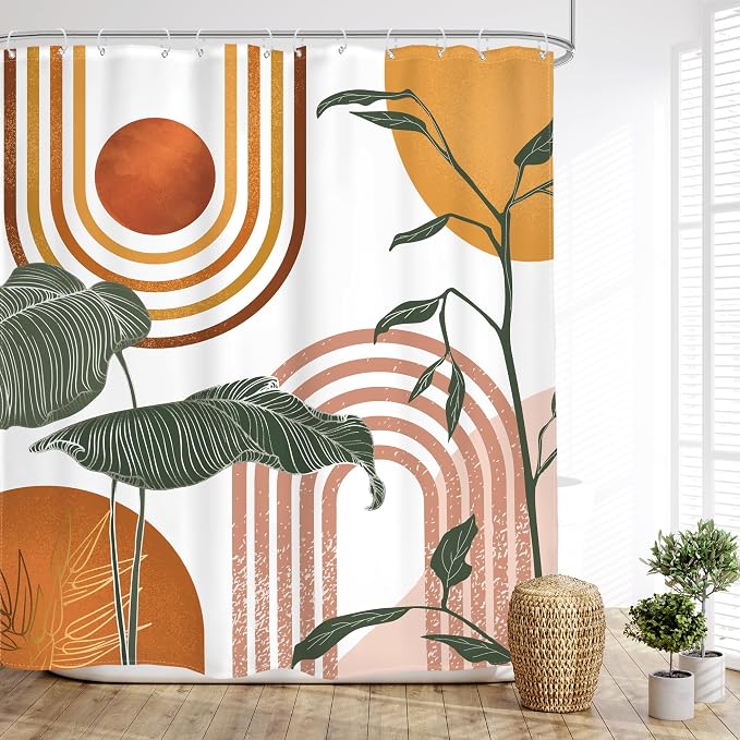 Glawry Orange Pink Boho Mid Century Shower Curtain Abstract Retro Tropical Palm Leaf Plant Sun Arch Minimalist Bathroom Geometric 72Wx72L Inches Bath Accessories Art Home Decor Fabric 12 Hooks