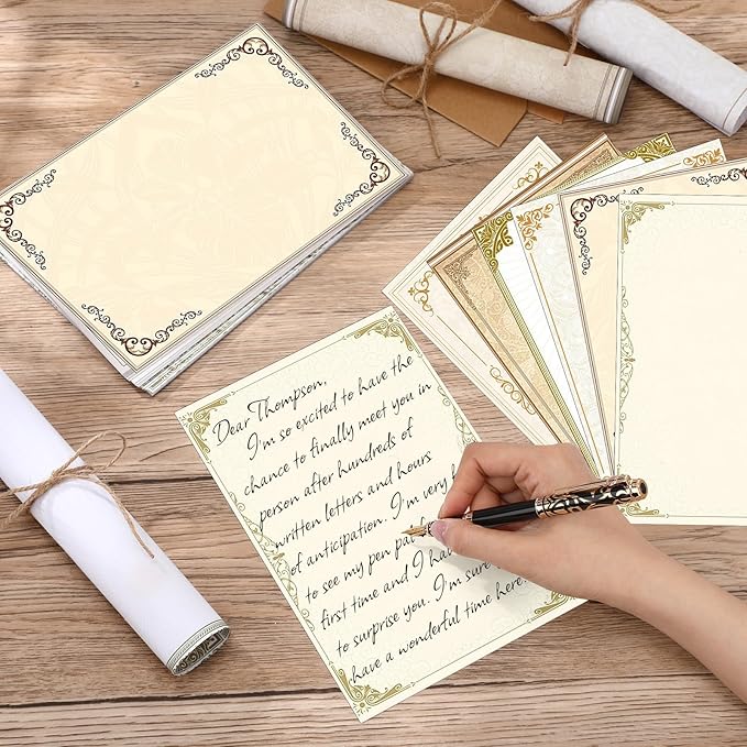 Supervitae 120 Vintage Stationery Paper, 8. 27 x 5. 51 Inch Double Sided Printing Antique Gold Border Elegant Retro Decorative Letter Sheets for Love Letter Party Invitations, 6 Designs