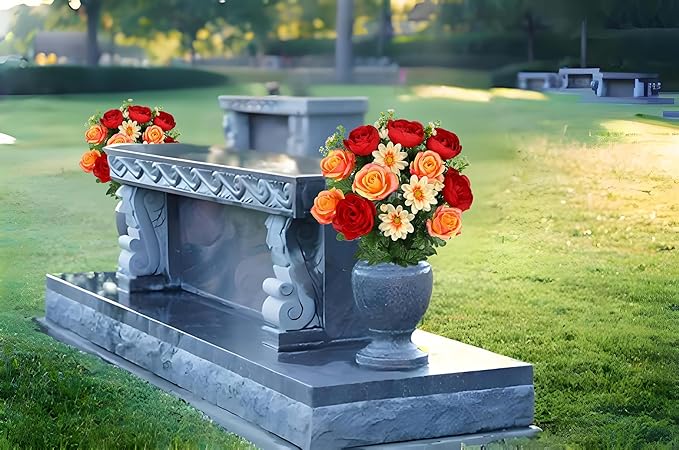 Hollyone Set of 2 Artificial Cemetery Flower for Graves Red Orange Cemetery Memorial Flowers for Outdoor Grave Decorations Silk Flower Arrangements Rose Ranunculus Gerbera Floral Flowers Bouquets
