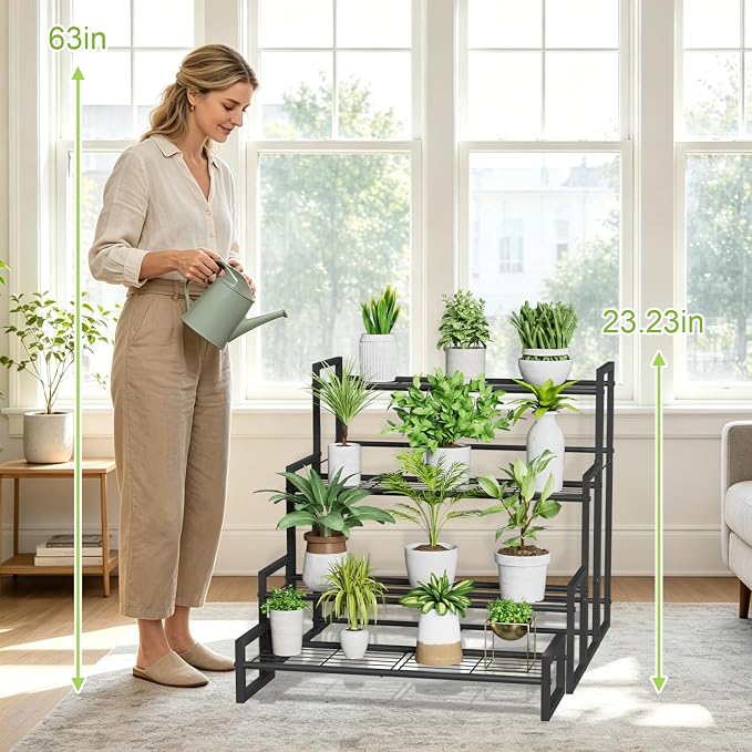 VyGrow Plant Stand, 4 Tier Stackable Tiered Plant Stand, Scalable Heavy Duty Tall Plant Shelf for Indoor Outdoor, Garden, Display Shelves, Flower Pot Holder, Black