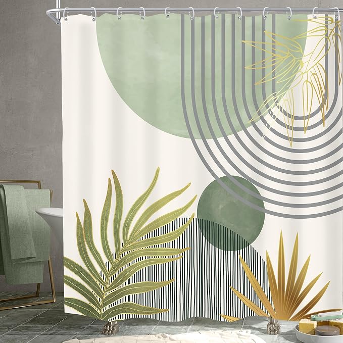 KOMLLEX Mid Century Mint Green Boho Shower Curtain 72Wx72L Inches Abstract Modern Shower Curtains for Bathroom Decor Plant Botanical Minimalist Arch Sun Fabric Liner Waterproof Polyester 12 Pack Hooks