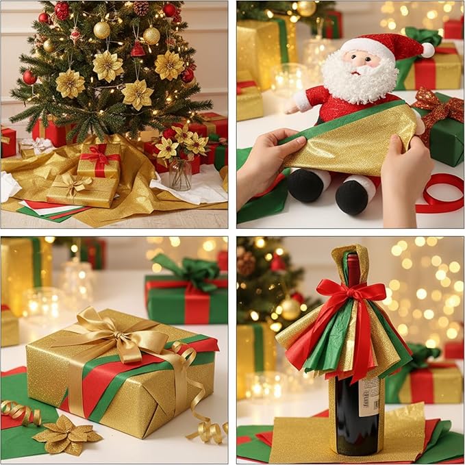 Qilery 500 Sheets Christmas Colored Tissue Paper Bulk 15 x 20 Inch Red Green Gold White Wrapping Paper for Gift Bags Acid Free Tissue for Christmas Craft Supplies, Bouquets, Garlands, Forming Pompoms