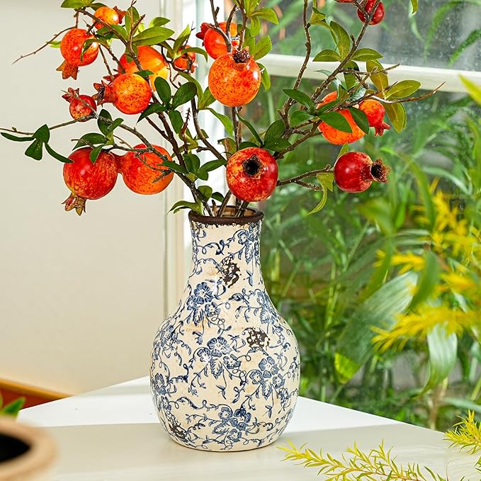 Sungmor Blue and White Ceramic Flower Vase, Vintage Ice Cracked Glaze Porcelain Vase, Pretty Centerpieces Flower Arrangement Vase for Home Decor, 8.2 Inch Decorative Vases for Table, Shelf, Mantel