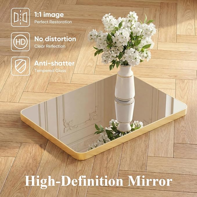 Sweetcrispy Bathroom Mirror for Over Sink, 30x48 Inch Wall Mount Mirror with a Rounded Rectangle and Matte Metal Frame, Modern Wall Vanity Mirrors for Home Decor, Living Room, Bedroom, Gold