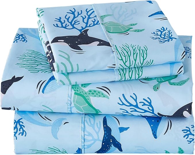Viviland 3 Pieces Boys Blue Ocean Twin Sheet Set - Soft Microfiber Fitted Flat Sheets & Pillowcase - Blue Ocean Whales, Sea Turtles, Marine Organisms Bedding Sets - for Kids & Toddlers