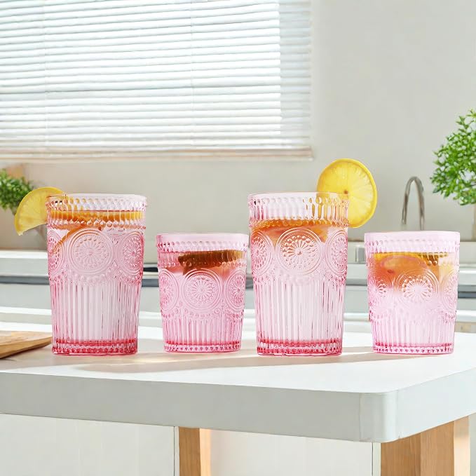 Loivttvv 12pcs Vintage Drinking Glasses Set, 12 oz Highball Glasses & 9 oz Embossed Ribbed Glassware Cups for Cocktail, Water, Juice, Coffee, Whiskey (Pink)