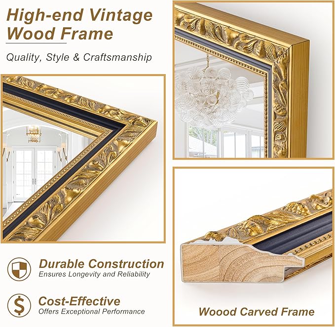 Vintage Gold Baroque Mirror, 40'' x 28'' Rectangular Ornate Antique Mirror with Carving Wood Frame, Decorative Wall Mirrors for Living Room, Bathroom, Entryway, Fireplace, Horizontal/Vertical