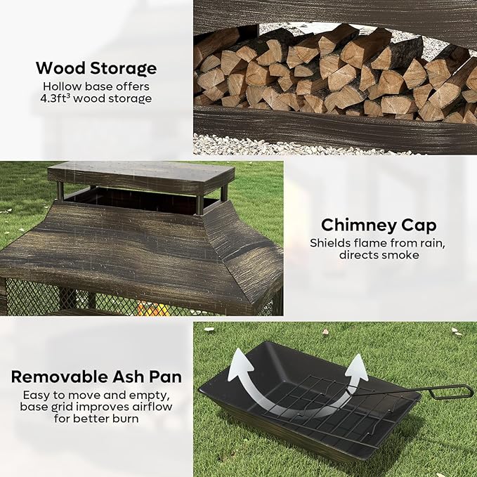 Bestier 37" Fire Pits, Outdoor Wood Burning Fireplace for Outside, Rectangular Chiminea Firepits with Poker, Wood Storage, Rain Cover and Removable Fire Grill for Patio, Garden, Backyard, Camping