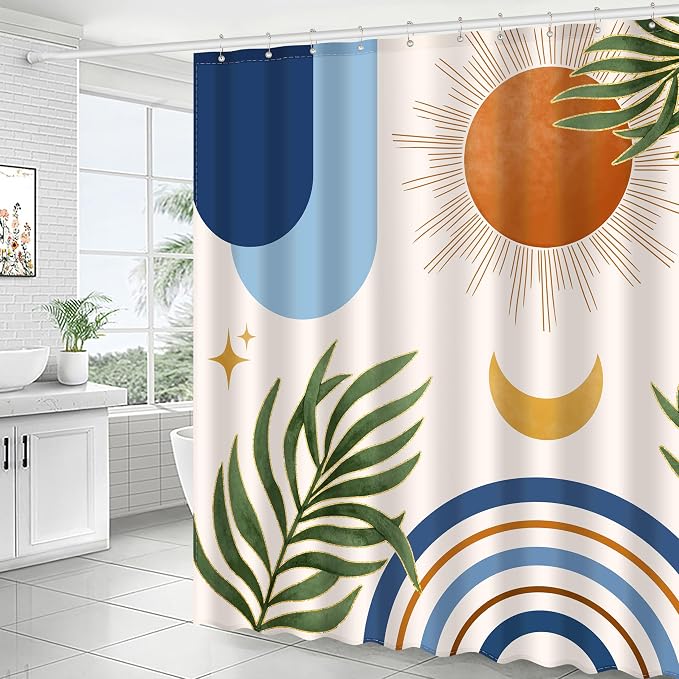 JWXCBIM Boho Mid Century Shower Curtain, Bohemian Blue Minimalist Simple Aesthetic Modern Bathroom Decor, Colorful Rainbow Sun Moon Natural Botanical Leaves Fabric Cloth Bath Curtain 72x72 Inches