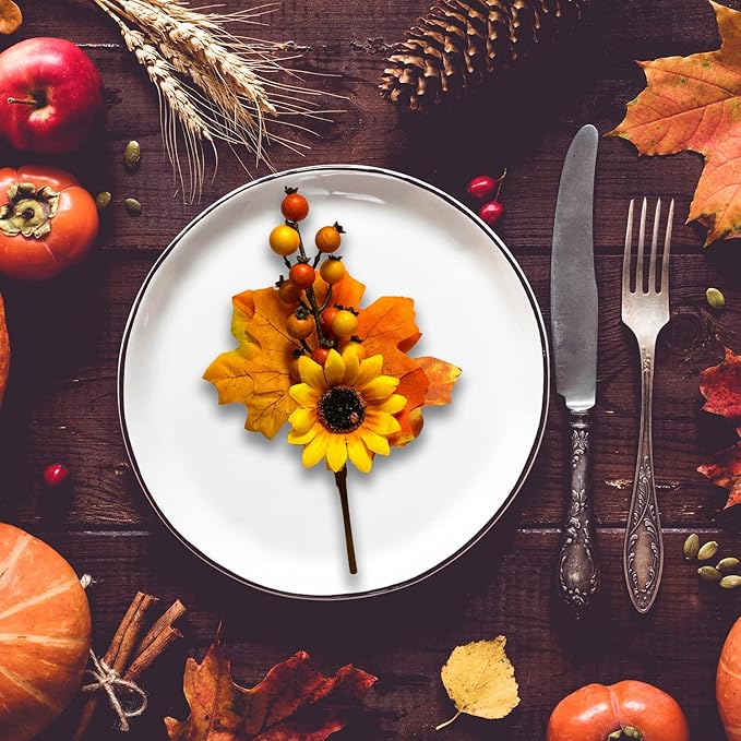 6 Pack Fall Stems Artificial Berry Picks Fall Picks with Sunflowers Maple Leaves Branches Decorations for Harvest Autumn Thanksgiving Day Flower Arrangements Wreaths Indoor Outdoor Home Decor