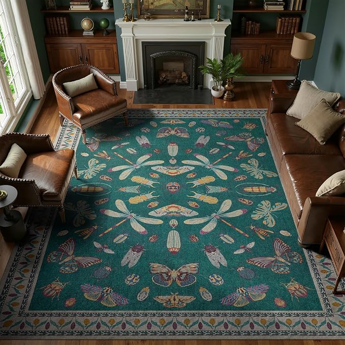 DCX 8x10 Washable Insect Rug, Vintage Gothic Deep Teal Rug with Non-Slip Rubber Backing, Soft Low-Pile, Stain-Resistant, Kid & Pet Friendly, for Living Room, Bedroom, Office, and Nature-Themed Decor