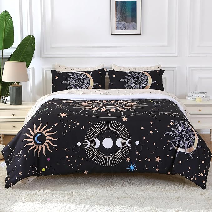 7 Piece Sun and Moon Comforter Set Bed in a Bag King Size - Boho Celestial Constellations Bedding for Girls Women - Black Gold - Lightweight Comforter with Sheets and Pillowcases