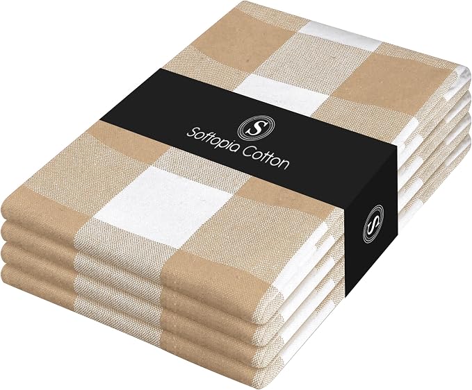 Buffalo Check 4 Pack Kitchen Towels, 16x26 Inches, Classic Farmhouse Plaid Dish Towel, 100% Cotton, Absorbent, Washable for Drying Dishes, Cleaning, Everyday Kitchen Use, Beige White