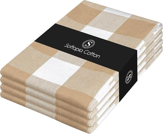 Buffalo Check 4 Pack Kitchen Towels, 16x26 Inches, Classic Farmhouse Plaid Dish Towel, 100% Cotton, Absorbent, Washable for Drying Dishes, Cleaning, Everyday Kitchen Use, Beige White
