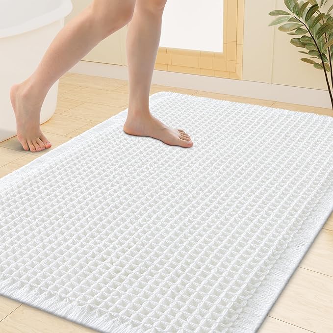Smiry Waffle Bath Mat 40x32, Extra Soft Absorbent Bathroom Rugs, Non Slip Machine Washable Quick Dry Bath Rugs for Bathroom Floor, Tub, Shower, Home Decor Accessories, White