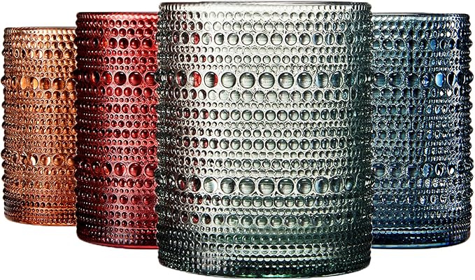 Khen Colored Glass Glasses | Set of 4 | Large Art Deco Glassware Muted Vintage Glasses for Wine, Champagne, Cocktail, Margarita, Wine Glass, Gift Idea, Muted Pastel Colors Goblets - Hobnail Beaded