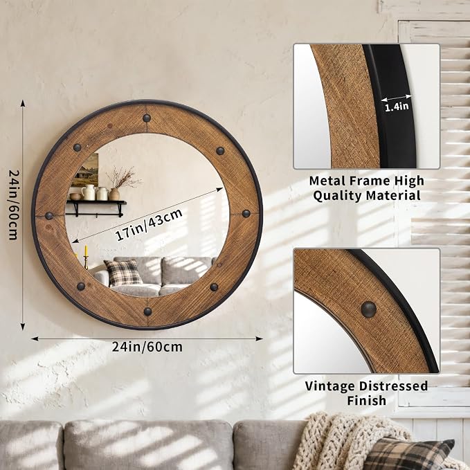 Rustic Round Wall Mirror 24 Inch, Natural Wood Frame with Black Metal Trim, Industrial Farmhouse Style Wall Mirror with Decorative Nailhead Accents for Bathroom, Living Room, or Entryway