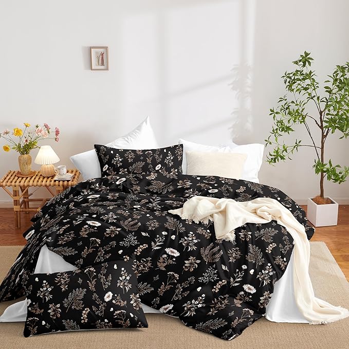 Nayoroom Black Floral Duvet Cover Queen Size Cottagecore Botanical Flower Duvet Cover 3 Pieces Soft Lightweight Aesthetic Bedding Set with Zipper Closure