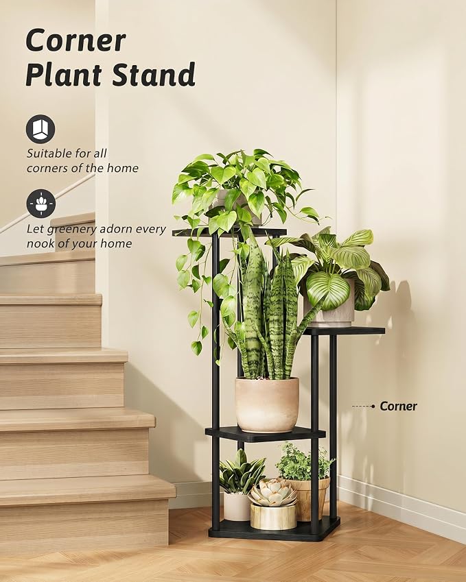 GENTINGBRO Tall Plant Stand Indoor 4 Tiered Plant Shelf for Multiple Plants Coner Shelf Stand Wood Plant Stand Metal Shelving for Living Room Bedroom Balcony Patio Black