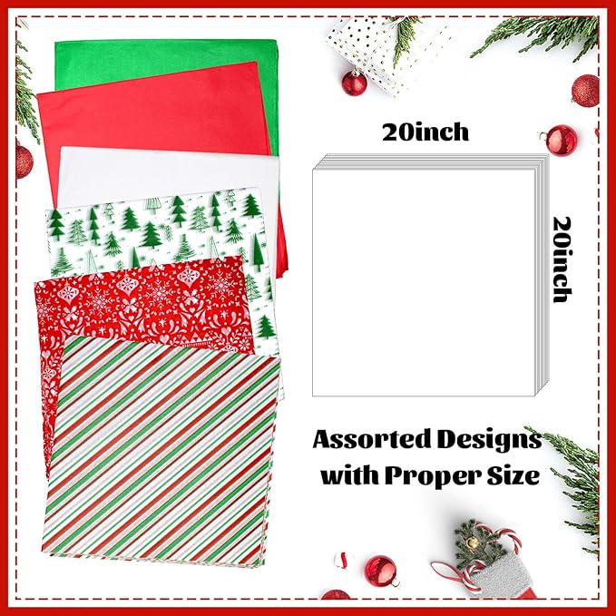 ZMCINER 160 Sheets Christmas Tissue Paper Assorted Christmas Tissue Paper for Gift Wrapping, Christmas Gift Boxes and Wine Bottles