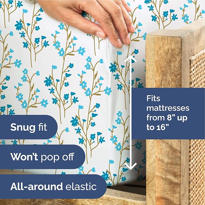 Floral Sheets - Blue Floral Bed Sheet Set - 1 Flat, 1 Fitted & 2 Pillowcases w/ Deep Pockets - Comfy, Wrinkle & Fade Free - Boho Botanical Bedding - Ultra-Soft, Breathable & Cooling - King Size Set
