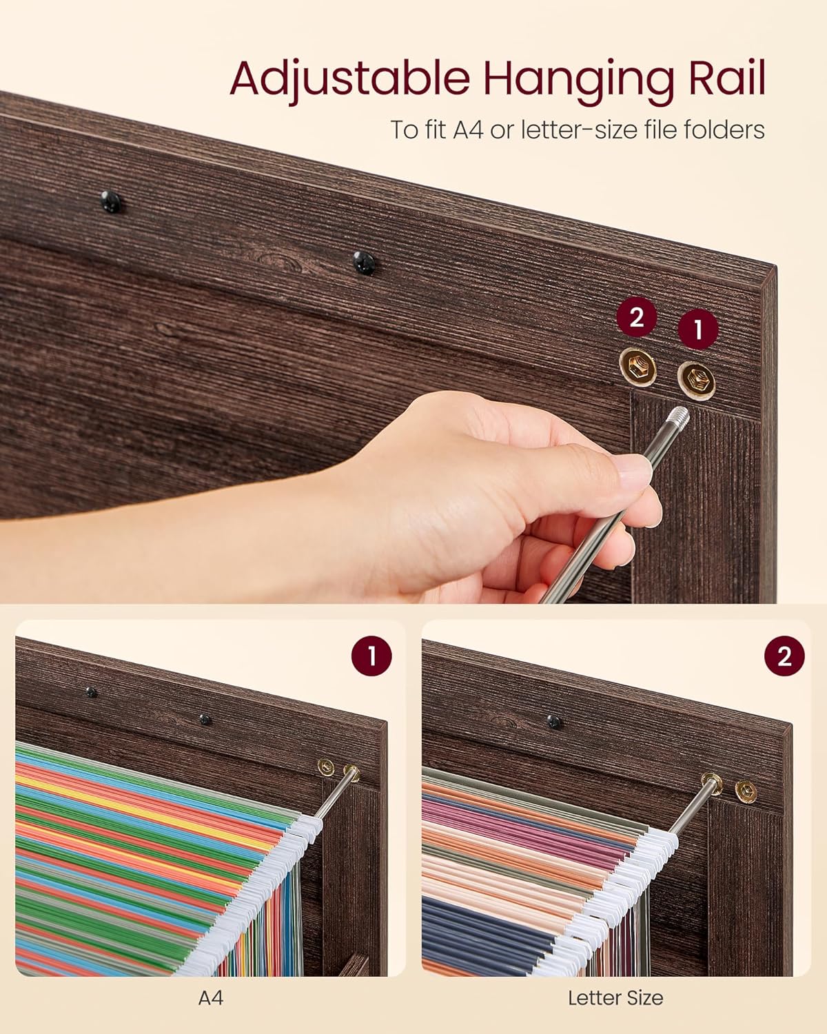 VASAGLE File Cabinet - Modern 3-Drawer Filing Cabinet for Home Office | Maroon Brown, Fits A4 & Letter Size