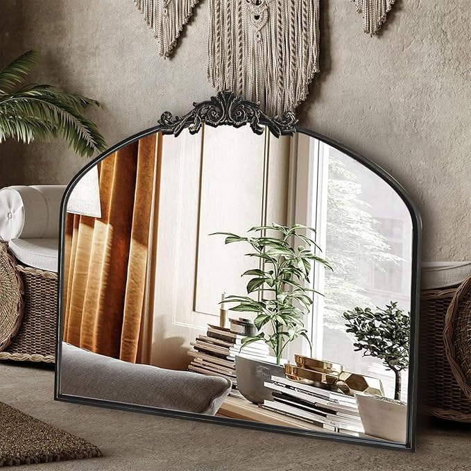 OUSHUAI Black Arched Mirror for Wall,Baroque Fireplace Mirror Decor,Brass Wall Mirror,Ornate Mirrors for Entryway/Bathroom/Living Room/Hallway 36"X30" …