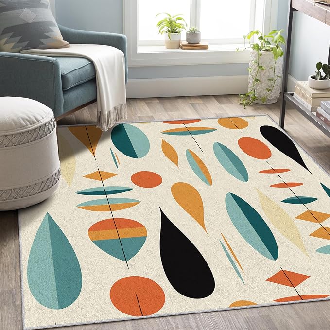 Mid Century Modern Rug 6x9, Washable Geometric Rugs for Living Room Bedroom, Retro Area Rug for Home Decor, Non Slip Backing Floor Carpet with Gripper - 6 x 9 ft