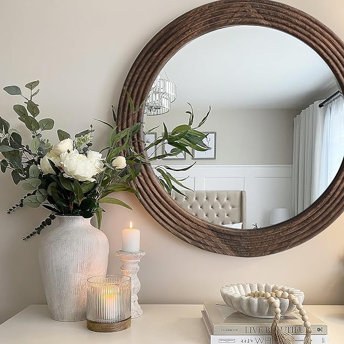 LOSOUR Round Mirror, Farmhouse Decor Solid Wood Frame Wall Circle Mirror, Decorative Mirrors for Bathroom Over Sink, Living Room, Entryway,Bedroom, Entryway, Hallway,Foyer (1, Coffee, 24" L x 24" W)
