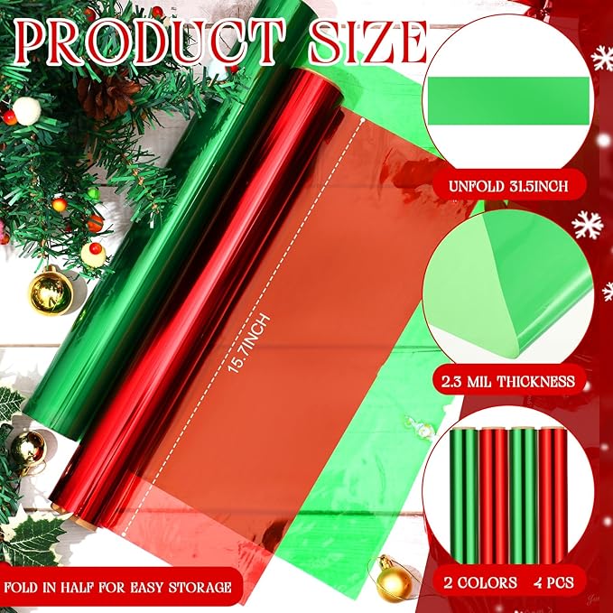 Cholemy 4 Rolls Christmas Cellophane Warp - 100ft Long x 31.5in Wide Green Red Transparent Cellophane Wrap 2.3 Mil Gift Basket Wrapping Paper Roll Plastic Wrap for Art Treats Christmas Decoration