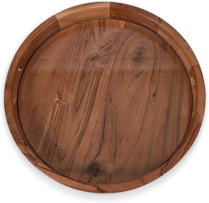 PICNIC TIME Barista Serving Tray with Glass Insert, Round Acacia Wood Cheese Board, Serving Platter with Handles, (Acacia Wood)