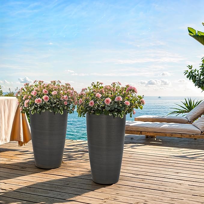 22.8" Tall Planters Set of 2, High-Density Resin Brushed Outdoor Pots for Plants, Versatile Indoor/Outdoor Flower Pots w/Drainage Hole for Patio Garden Porch & Living Room Decor, Ideal Gift