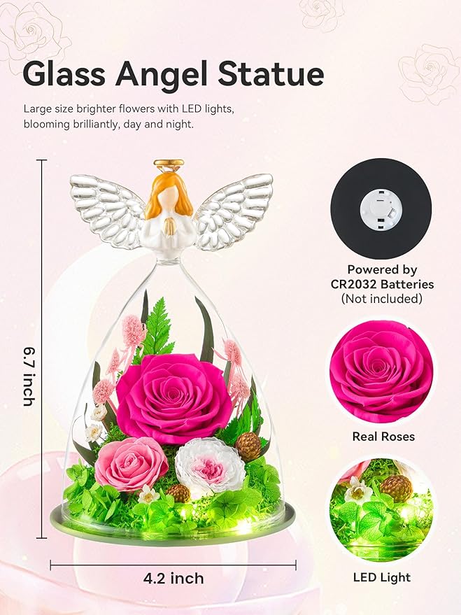 Gifts for Women Forever Flowers Preserved Rose in Glass Angel Figurine Real Colorful Roses Birthday Gifts for Her Grandma Sister Daughter Wife, Hot Pink