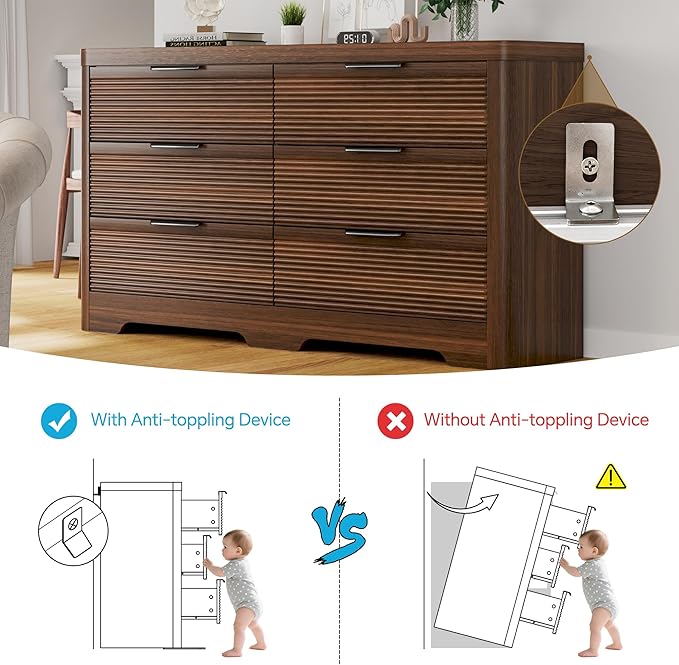 FUSUNBAO Fluted 6 Drawer Dresser, Modern Wood Dresser for Bedroom,TV Stand,Thickened Curved Profile Design,Bedroom,Entryway,Wood Drawer Organizer (Dark Walnut)