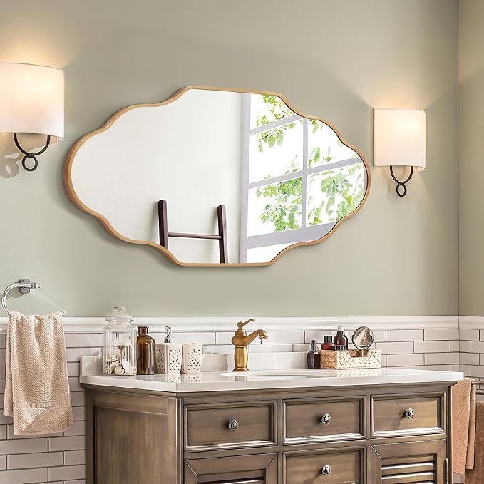 Scalloped Mirror for Bathroom - 24"x36" Gold Bathroom Mirror with Aviation Aluminum Alloy Frame & Shatter-Proof Glass for Living Room Bedroom Entryway, Brushed Gold Frame(x1)