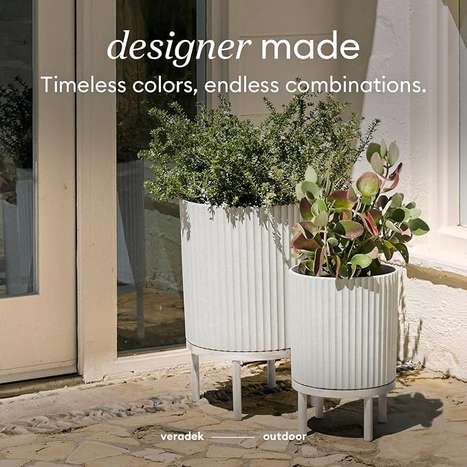 Veradek Demi Series Round Planter w/ Stand for Porch/Patio | Durable Plastic-Stone composite & Wooden Stand | Modern Décor for Tall Plants, Flowers