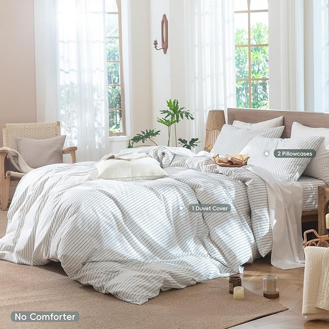 MooMee Striped Duvet Cover Set 100% Washed Cotton Linen Like Textured Breathable Durable Soft Comfy (White Heathered Green Wide Stripes, Oversized Full 82"x86")