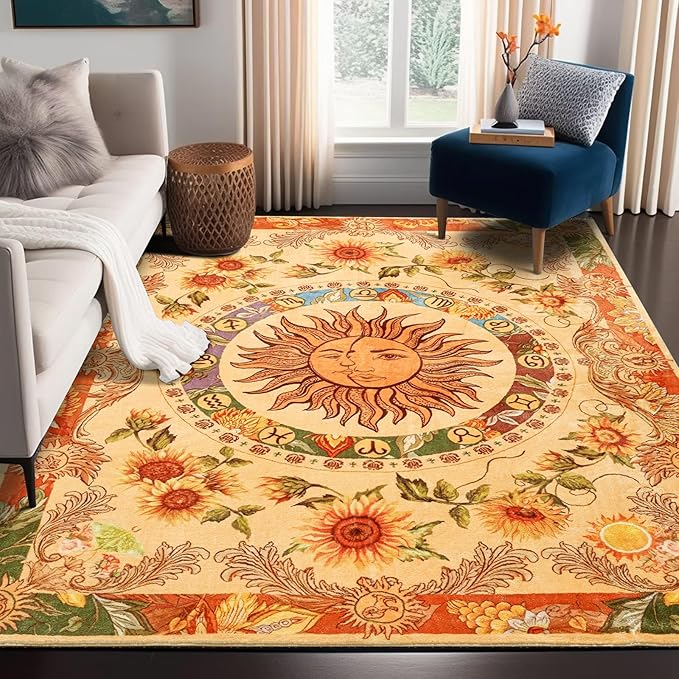 Ultra Thin Washable Mystical Rugs Stain Resistant, Sun and Moon 5x7 Area Rugs Non Slip - Retro Yellow Hippie Floral Throw Rugs for Living Room Bedroom Entryway, Trendy Indie Dorm Tapestry Rug